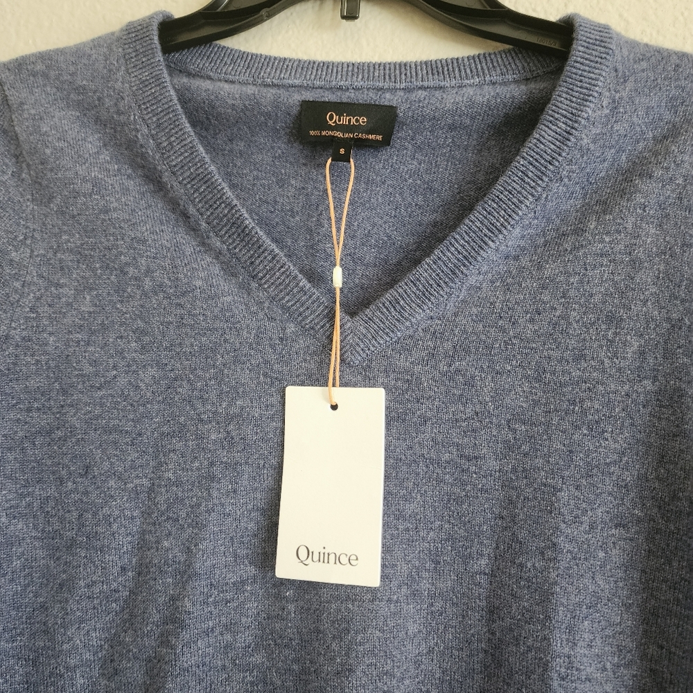 QUINCE 100% Mongolian Cashmere V-Neck Sweater Heather Storm Blue Small - Picture 3 of 7